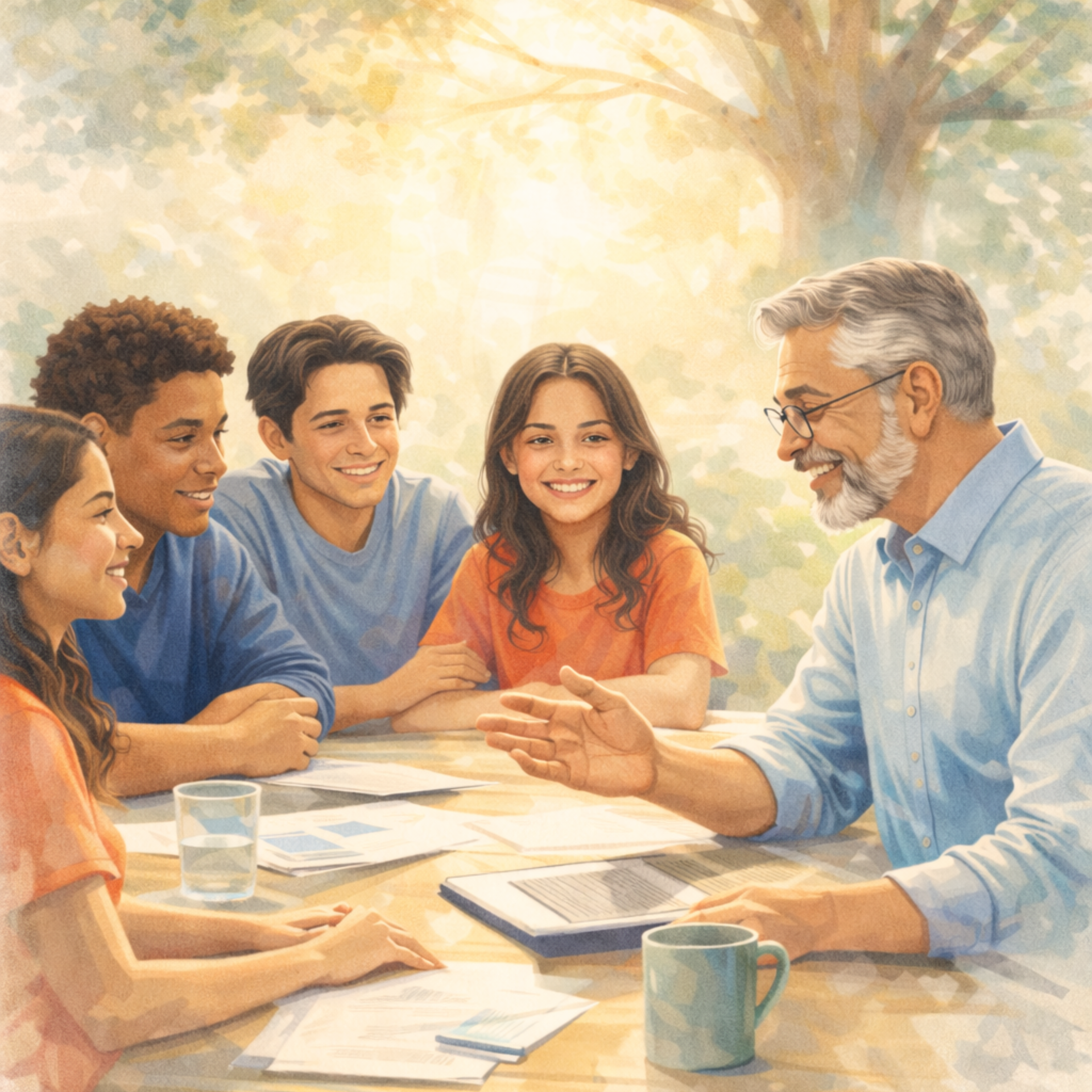 Financial planner talking with 4 younger generation, multi-ethnicity kids and young adults