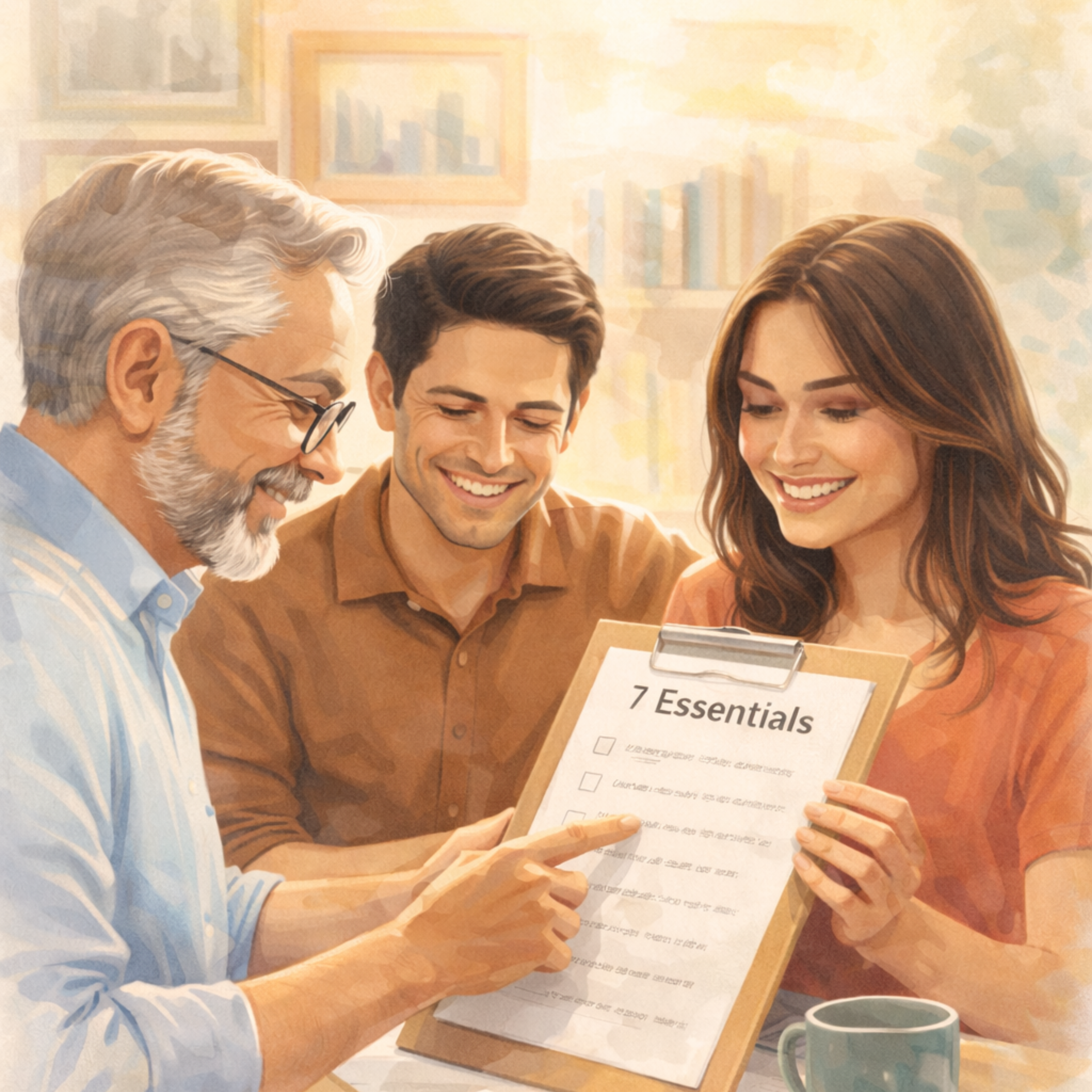 Financial planner holding checklist, talking to multi-ethnic young couple