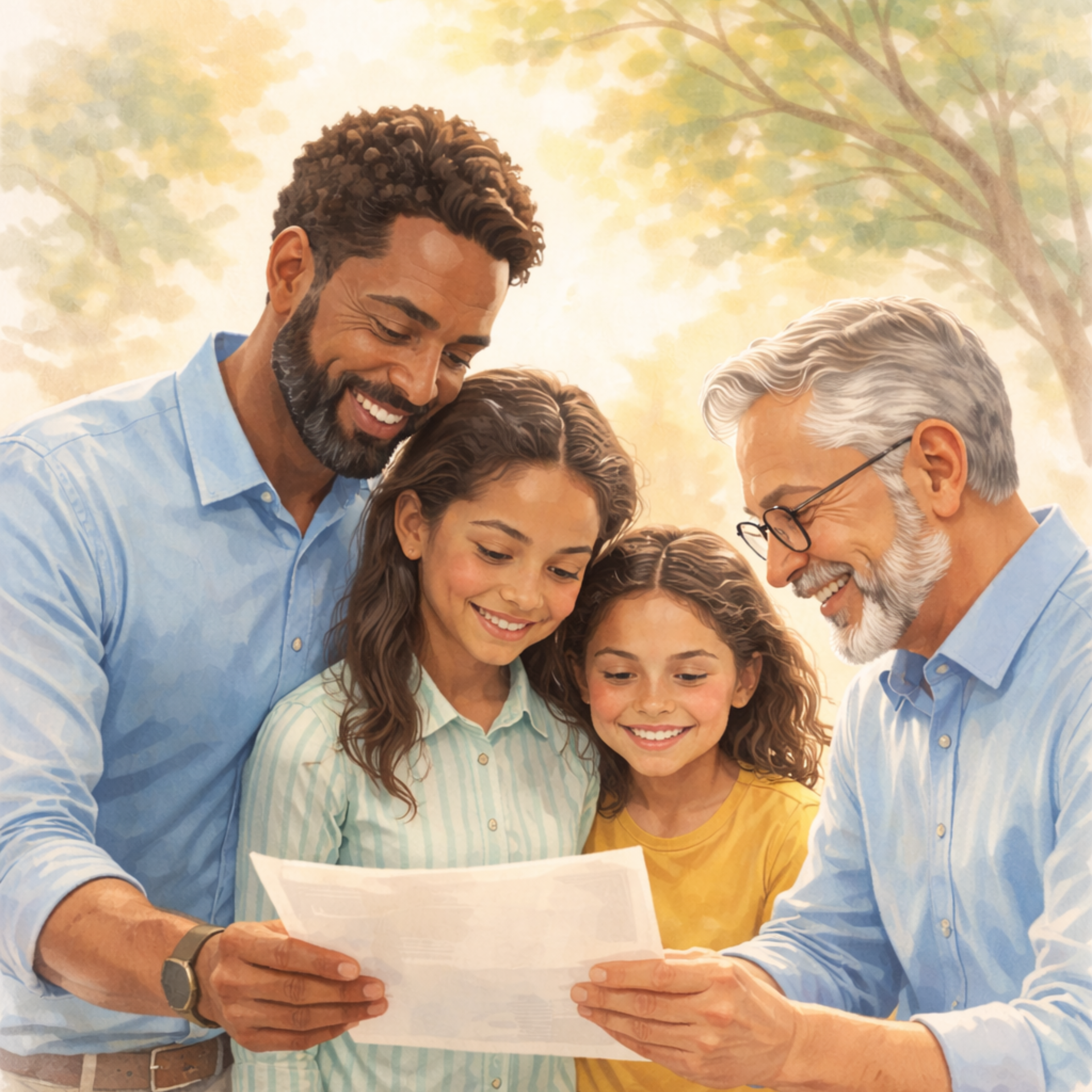 4 people, 2 adults, 2 children of differing ethnicities reading a financial document with faded tree canopy in background