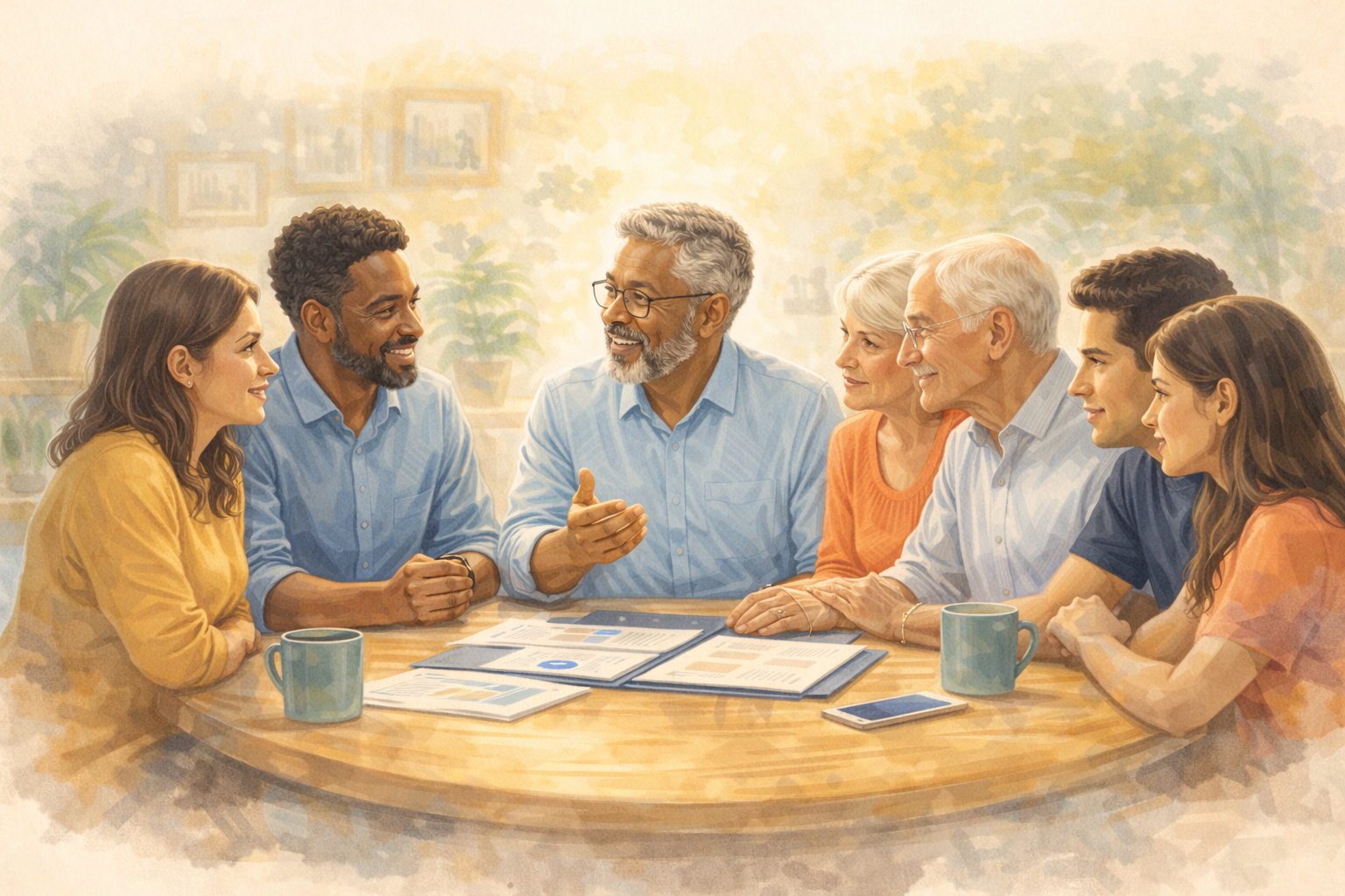 3 generations of family, 3 ethnicities, discussing finances around a table